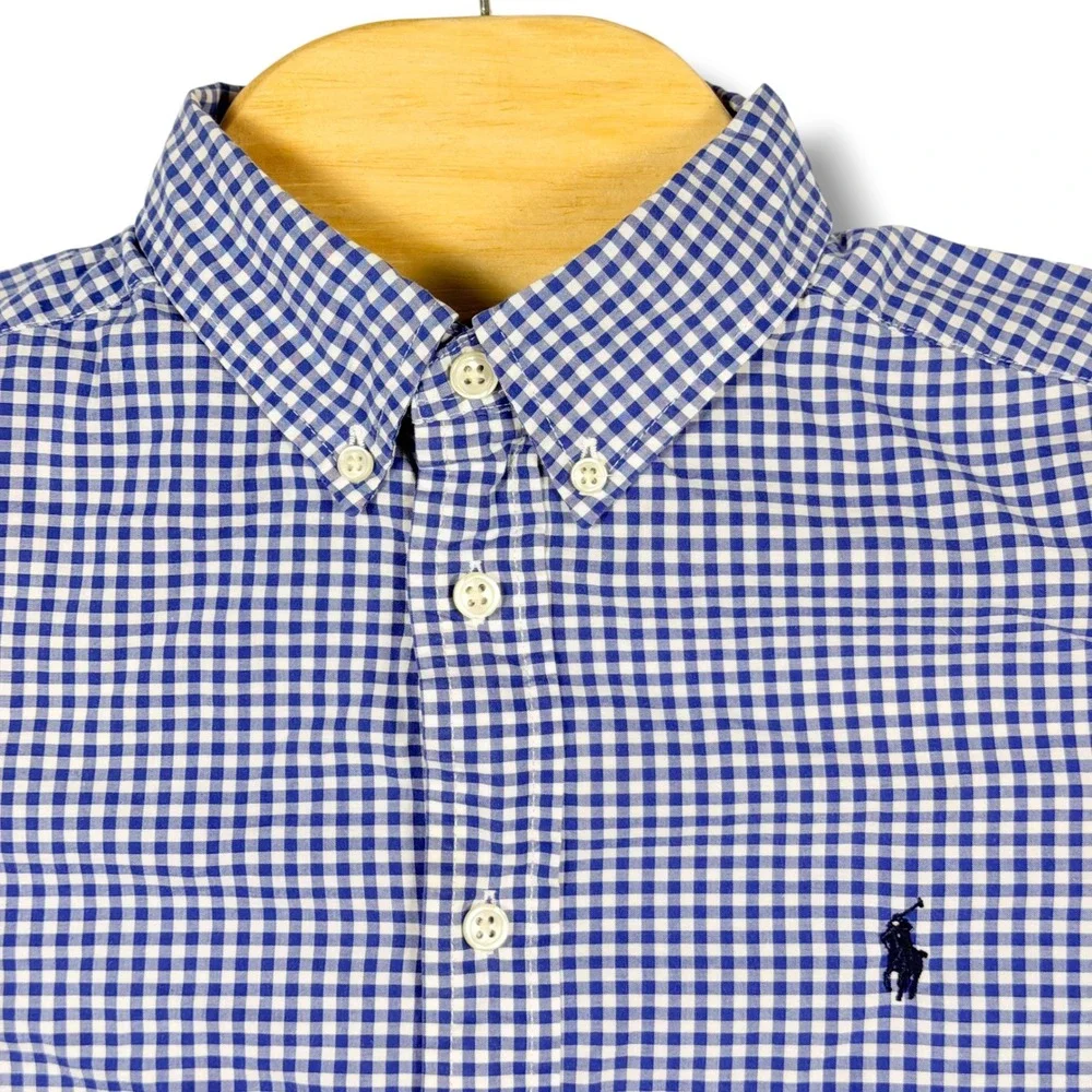 Ralph Lauren Button Down Boys L 14-16 Blue Gingham Natural Stretch Preppy Pony